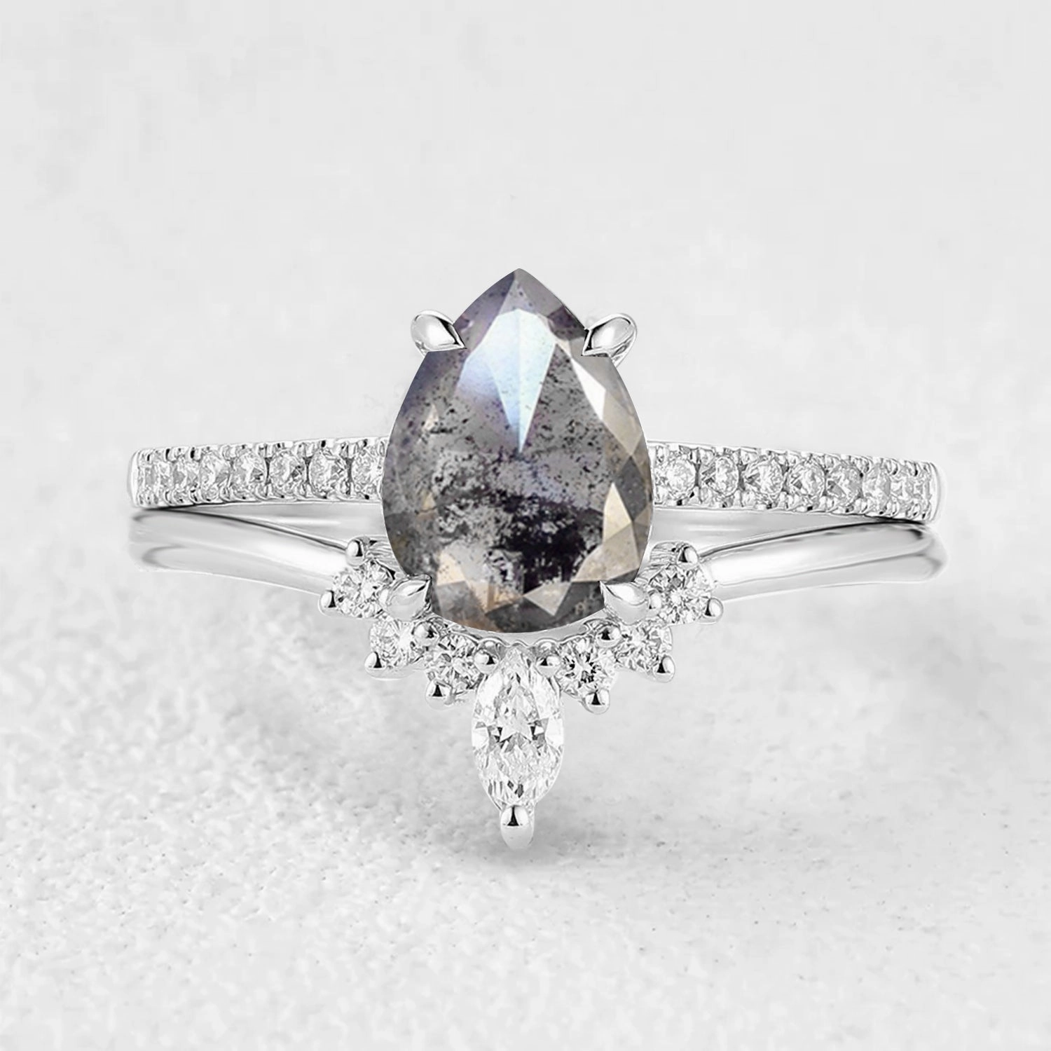 Pear Cut Salt and Pepper Diamonds Stacking Engagement Ring Sets 2pcs Office Wear