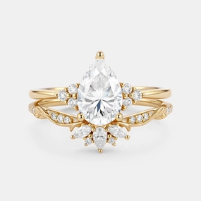 Pear Cut Vintage Cluster Moissanite Gold Ring Set 2pcs - Lyra Seasonal Match Classic Highlight