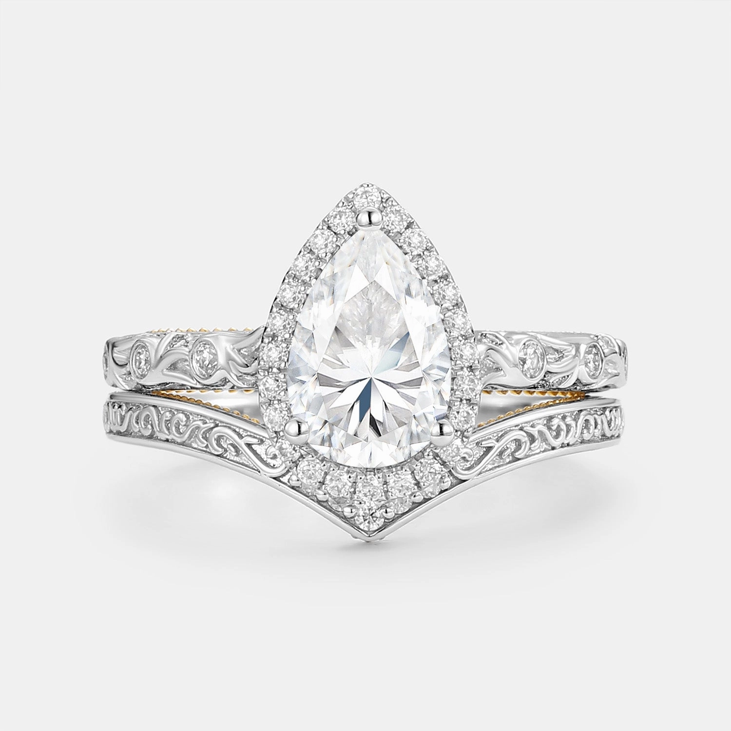 Vivid Present Pear Moissanite Hand Engraved Halo Engagement Ring Set 2pcs - Lavinia