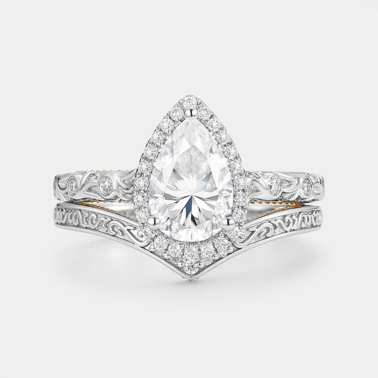 Opulent Finish Allure Touch Pear Moissanite Hand Engraved Halo Engagement Ring Set 2pcs - Lavinia