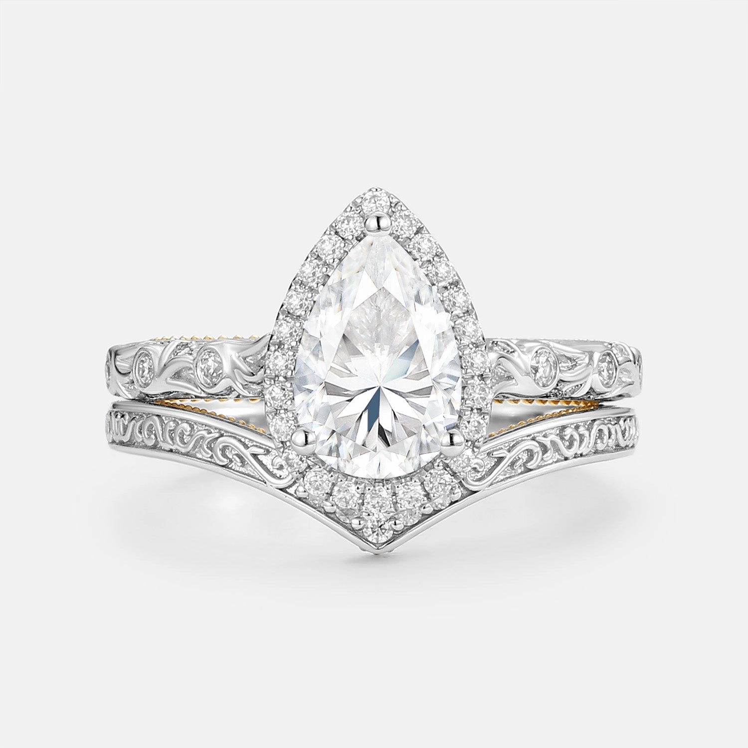 Pear Moissanite Hand Engraved Halo Engagement Ring Set 2pcs - Lavinia Glossy Touch