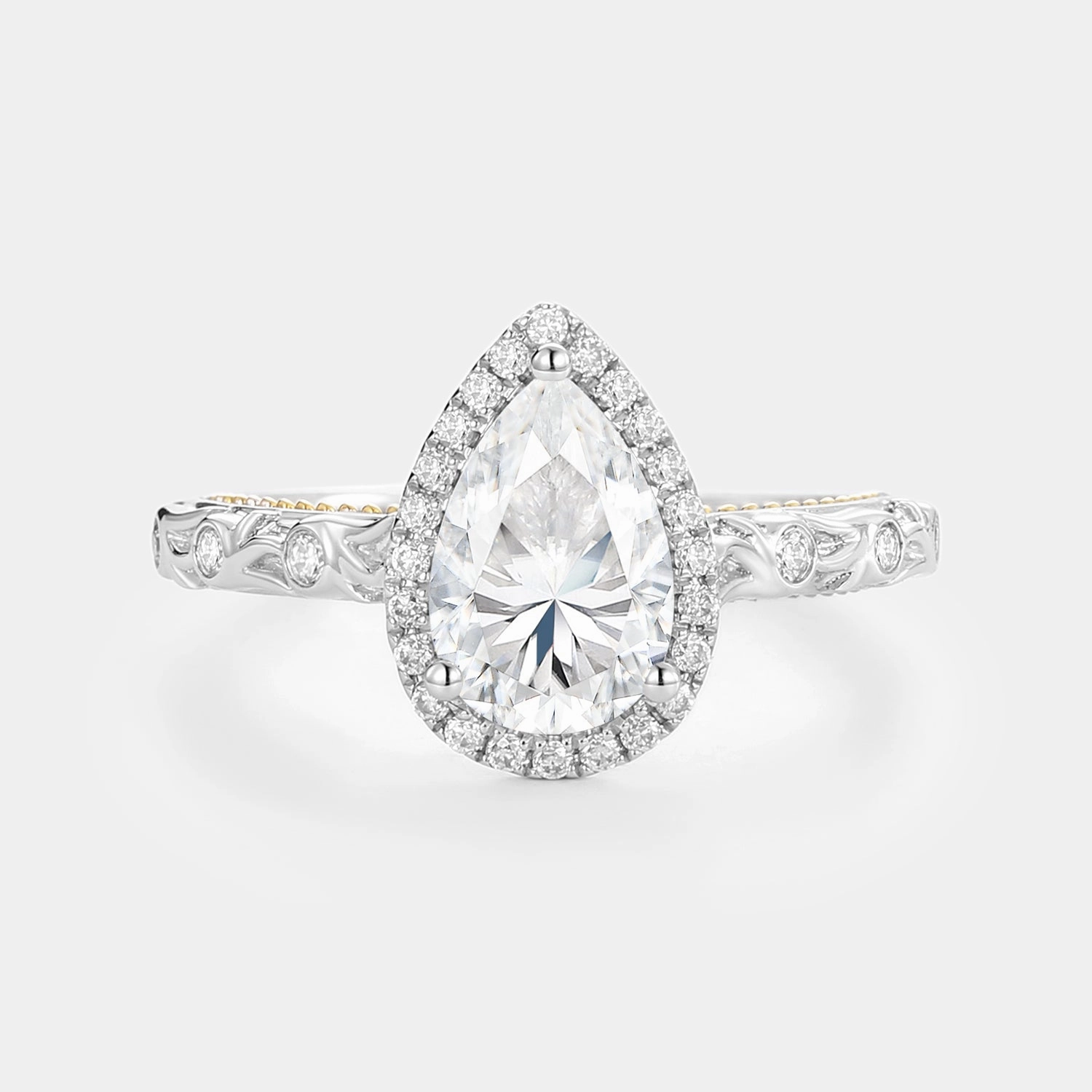 Pear Moissanite Vintage Engraved Halo Engagement Ring - Lavinia Effortless Touch Everyday Appeal