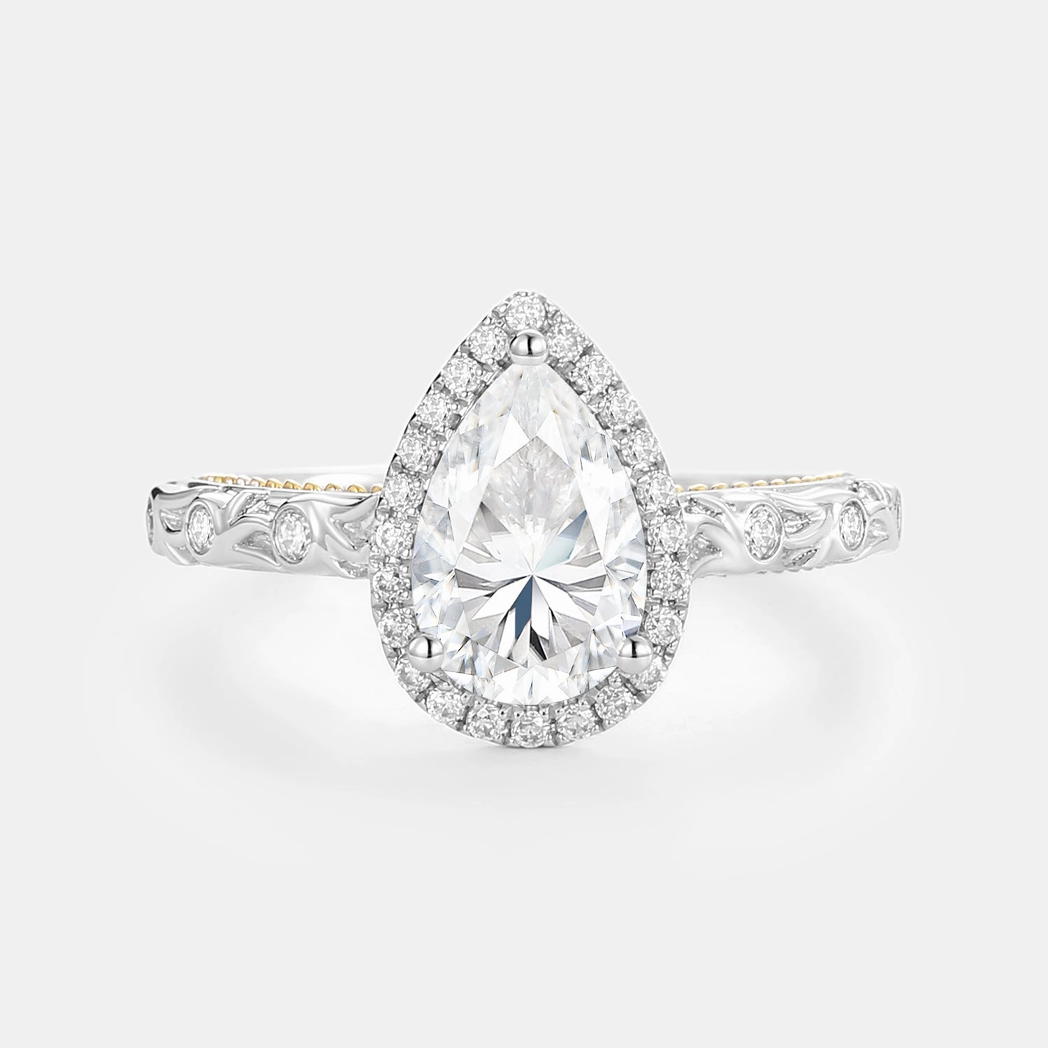 Pear Moissanite Vintage Engraved Halo Engagement Ring - Lavinia Spring Mood Effortless Shine