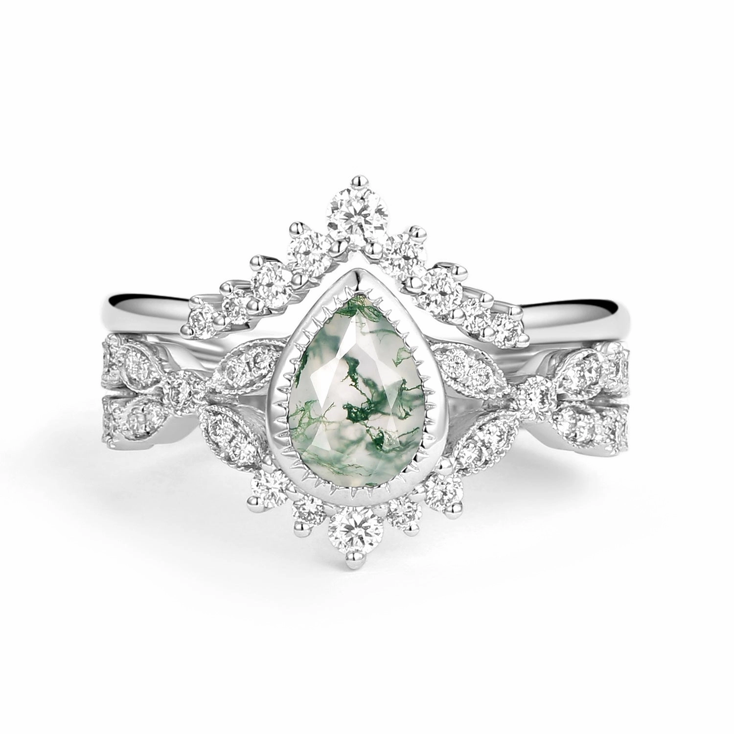 Relaxed Look Urban Highlight Pear Moss Agate Vintage Infinity Ring Set 2pcs - Vivienne