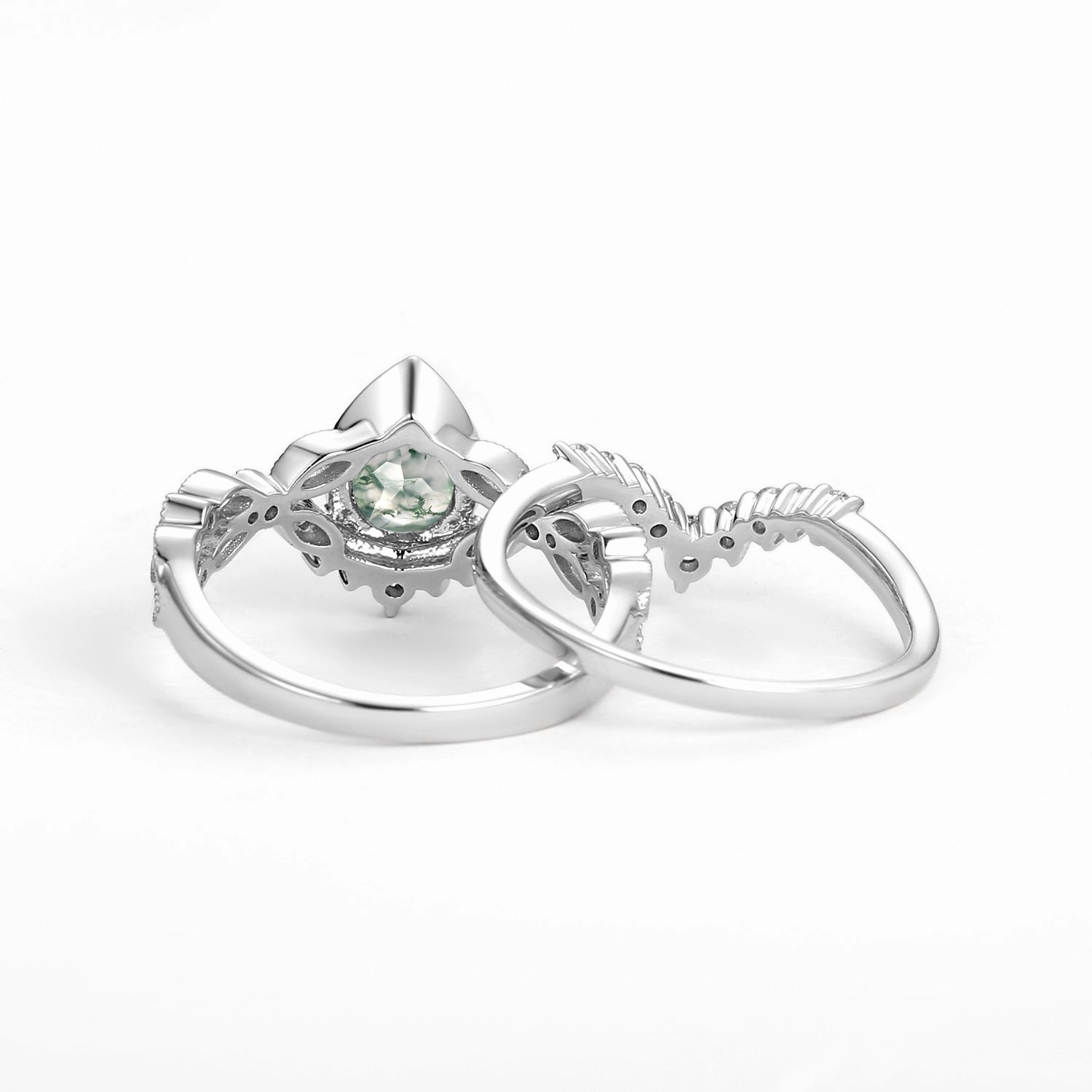 HighEnd Emblem Luxe Finish Pear Moss Agate Vintage Infinity Ring Set 2pcs - Vivienne