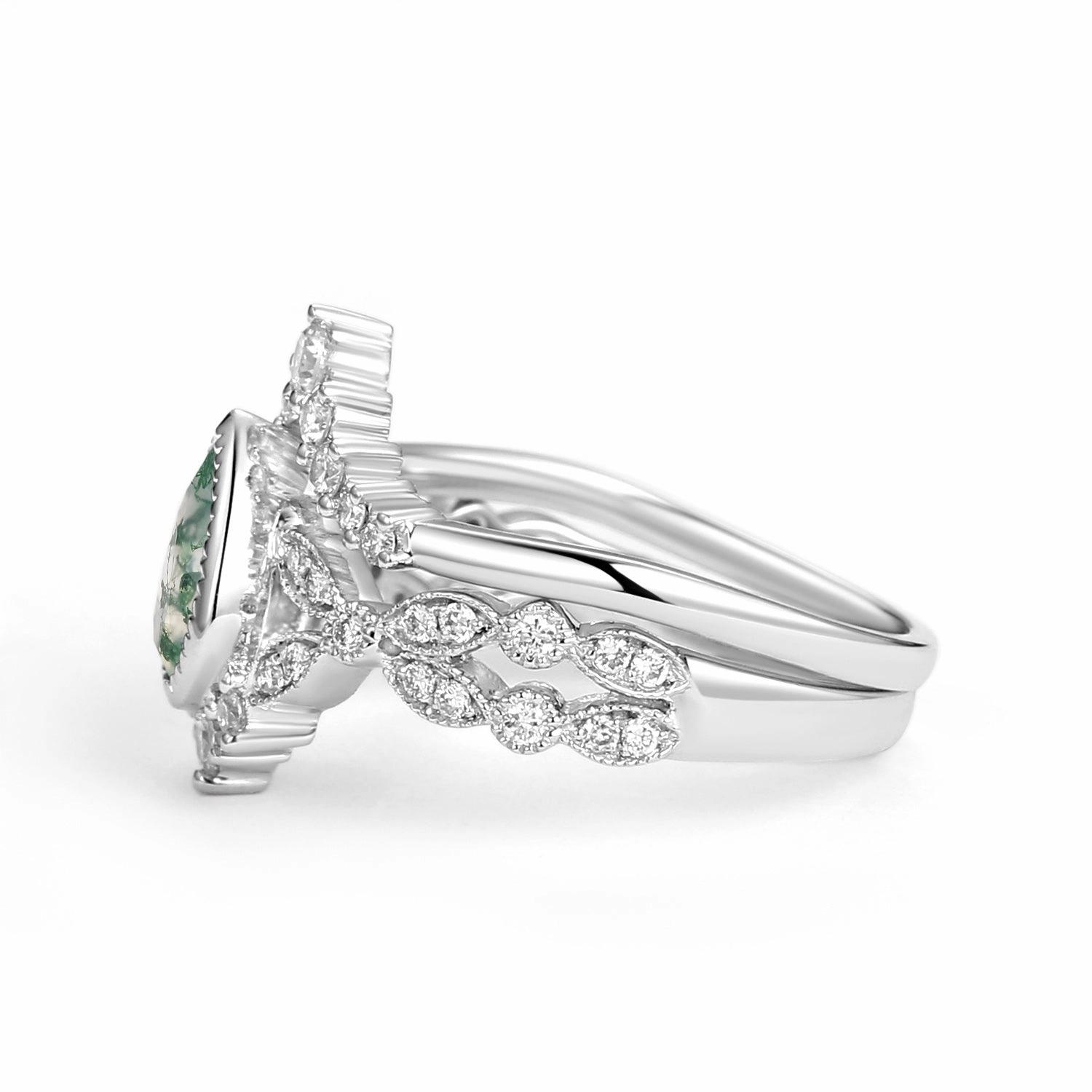 Pear Moss Agate Vintage Infinity Ring Set 2pcs - Vivienne Subtle Beauty