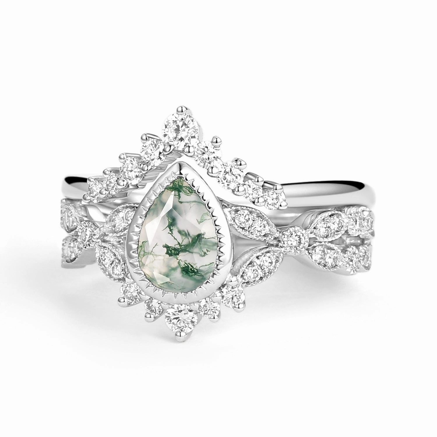 Pear Moss Agate Vintage Infinity Ring Set 2pcs - Vivienne Wonderful Adornment Couple Jewelry