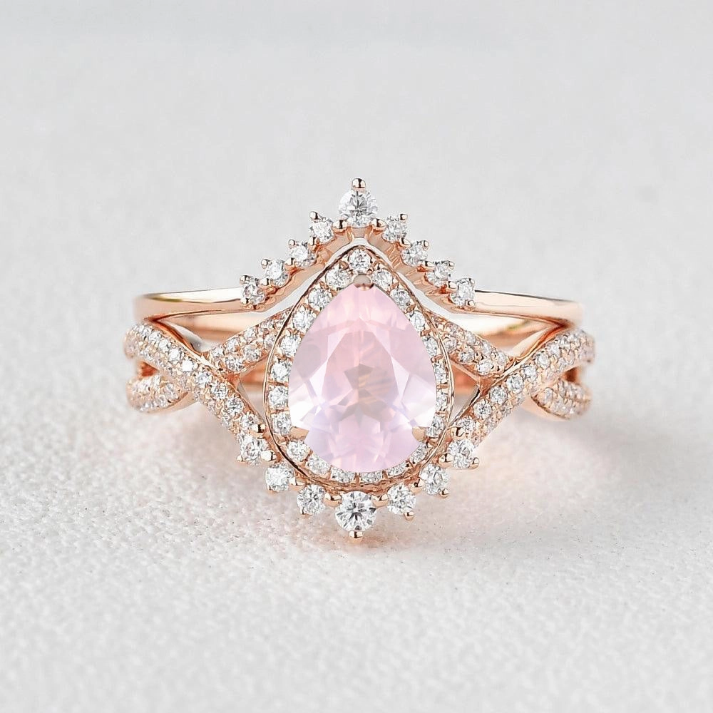 Pear Rose Quartz Halo Infinity Ring Set 2pcs - Valentina Ornate Insignia