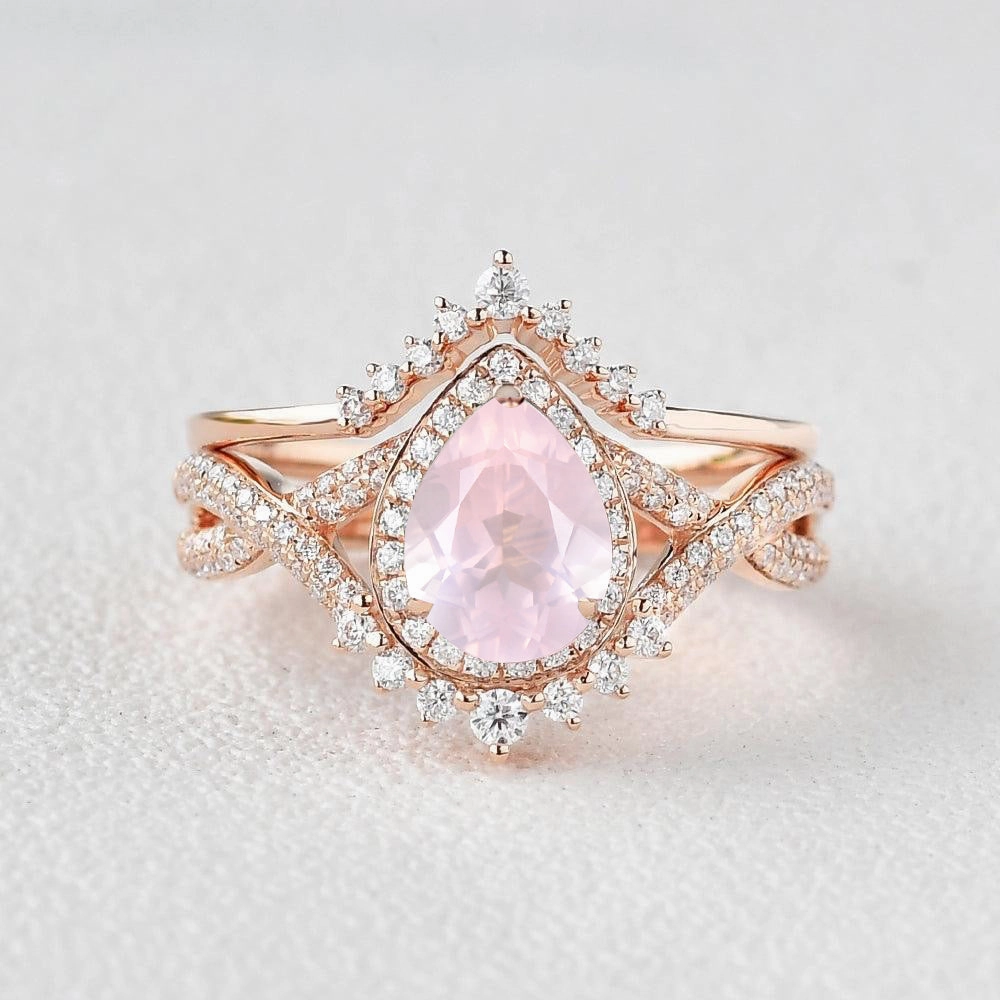Artisan Design Trendy Appearance Pear Rose Quartz Halo Infinity Ring Set 2pcs - Valentina