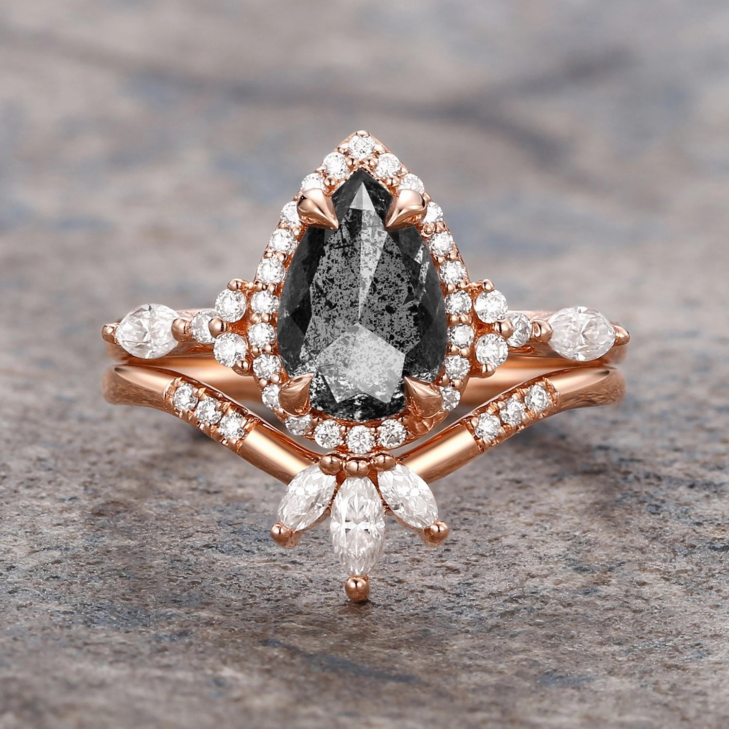 Value Pack Amazing Item Pear Salt and Pepper Diamonds Halo Engagement Ring Sets 2pcs