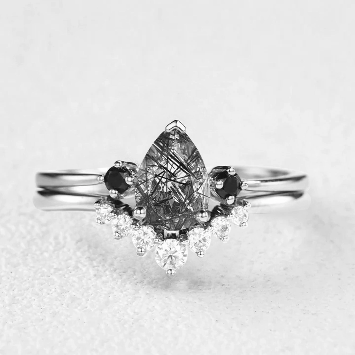Pear Shaped Black Rutilated Quartz & Black Moissanite Engagement Ring Set 2pcs Digital Product