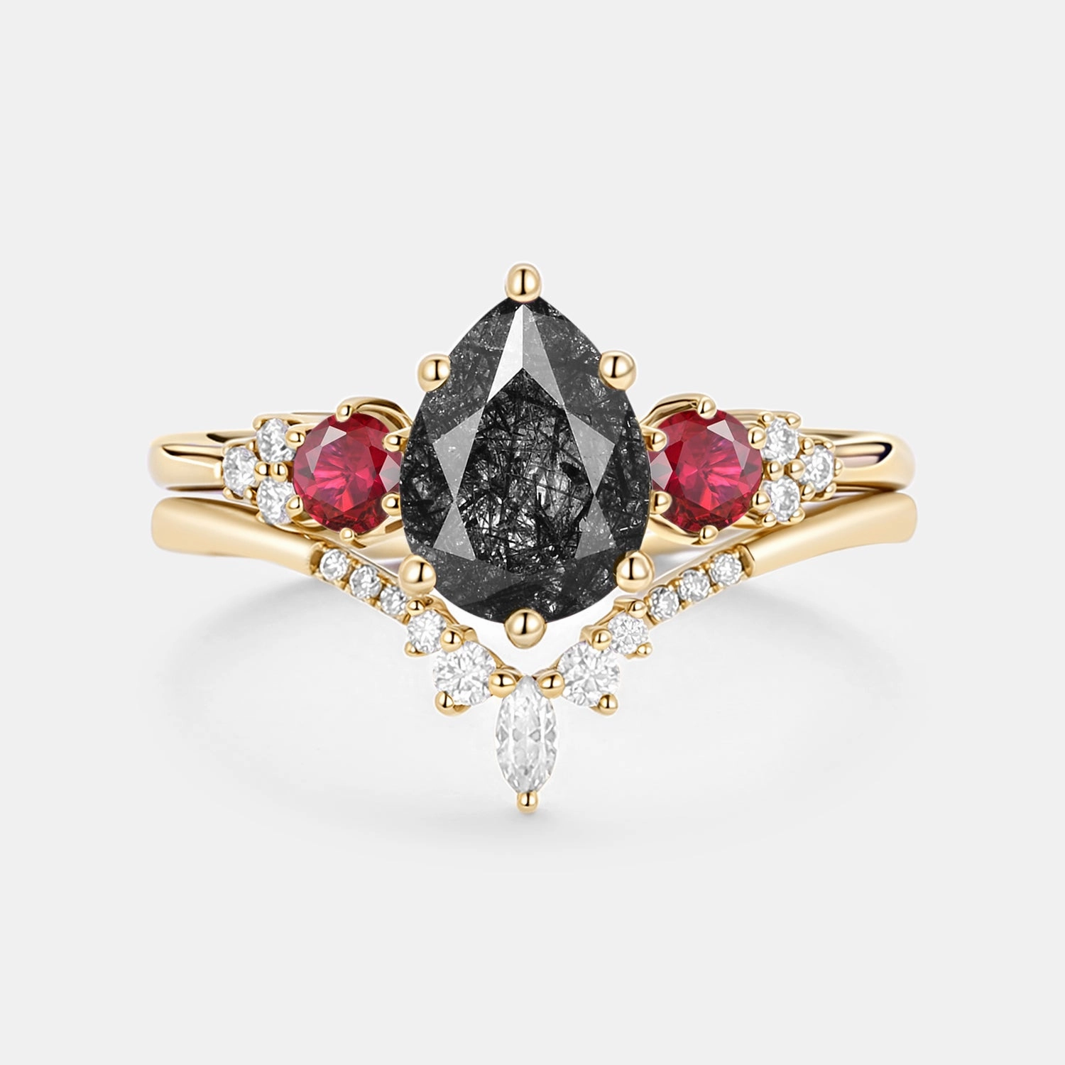 Fun Detail Pear Shaped Black Rutilated Quartz Cluster Ring Set 2pcs - Fern