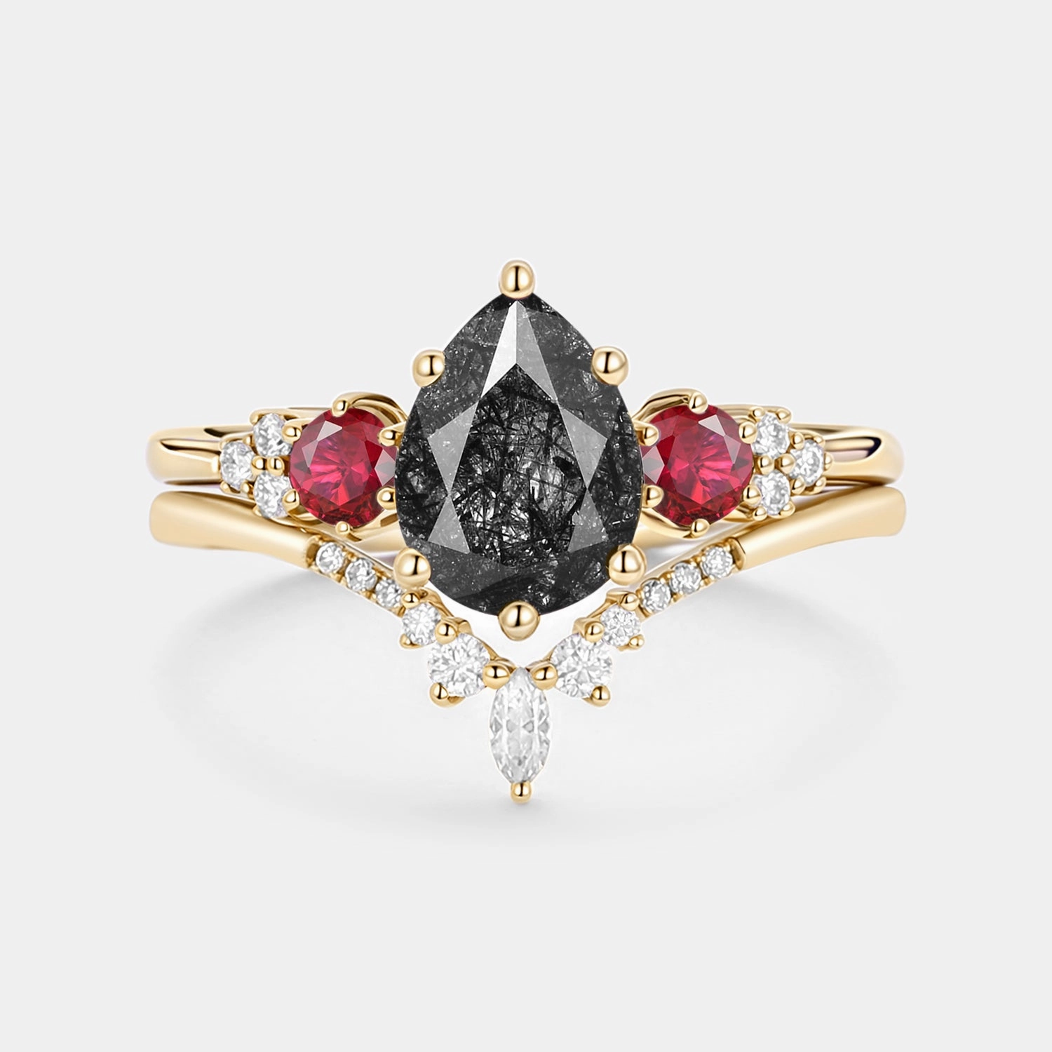 Pear Shaped Black Rutilated Quartz Cluster Ring Set 2pcs - Fern Transparent Item