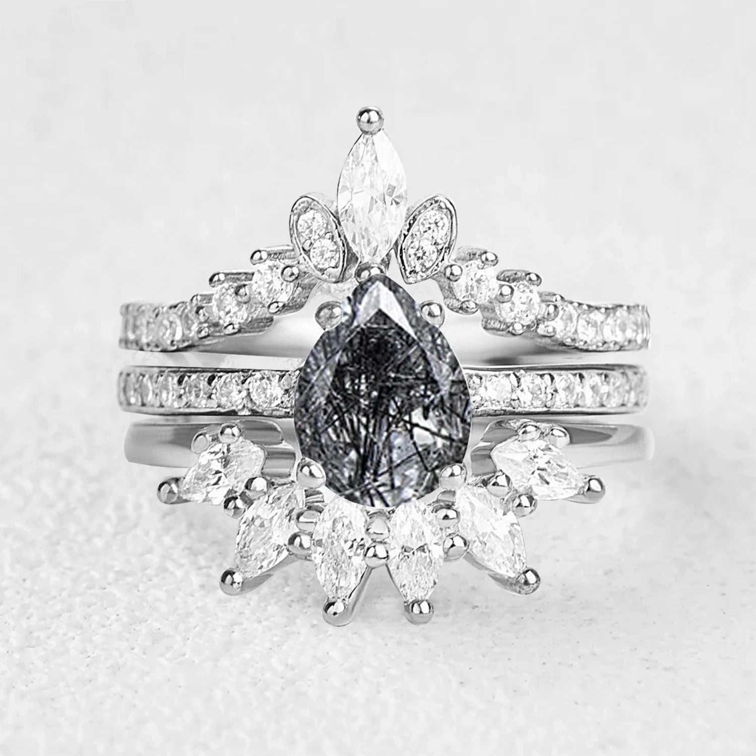Pear Shaped Black Rutilated Quartz Engagement Ring Set 3pcs Chic Embellishment