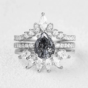 Beta Version Luxury Flow Pear Shaped Black Rutilated Quartz Engagement Ring Set 3pcs