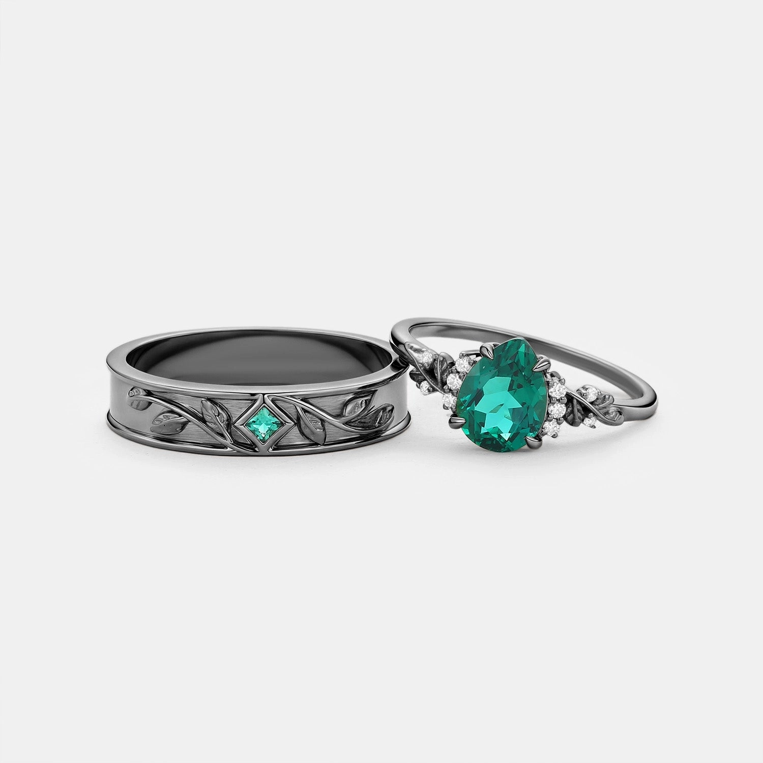 Pear Shaped Lab Emerald Leaf Couple Ring Set 3pcs - Verdant Stylish Ornament Robust Appearance
