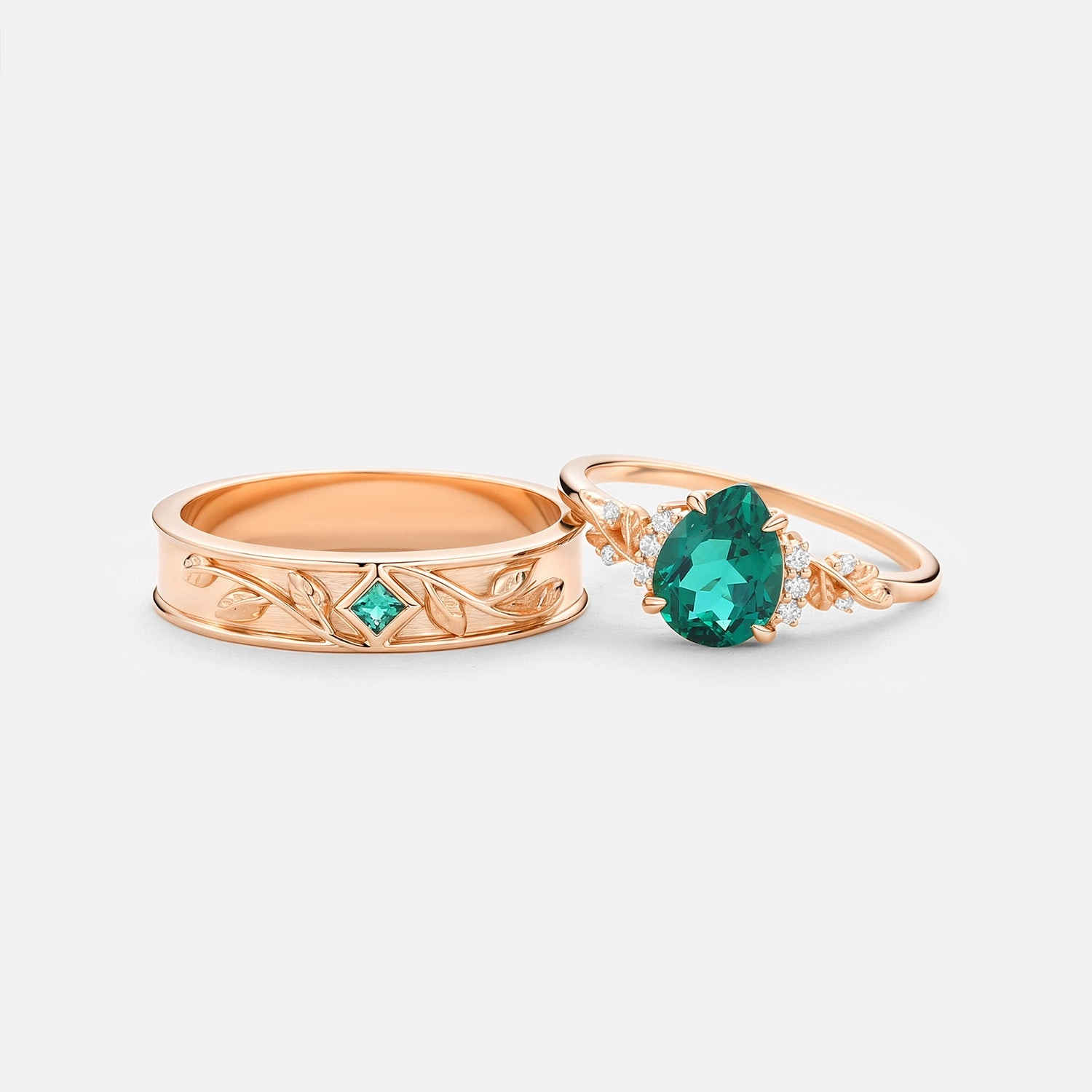 Pear Shaped Lab Emerald Leaf Couple Ring Set 3pcs - Verdant Gift wrapping Beautiful Adornment