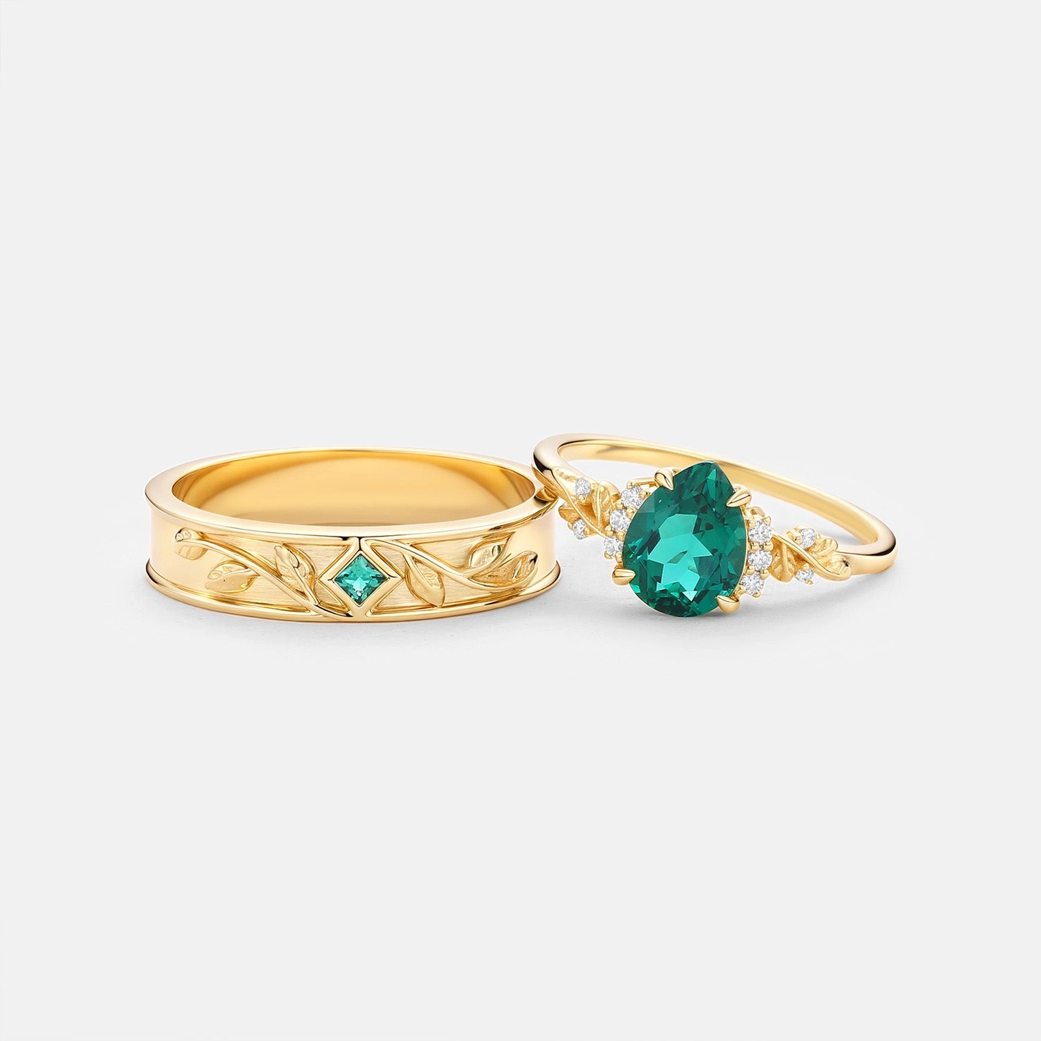 Chic Set Pear Shaped Lab Emerald Leaf Couple Ring Set 3pcs - Verdant