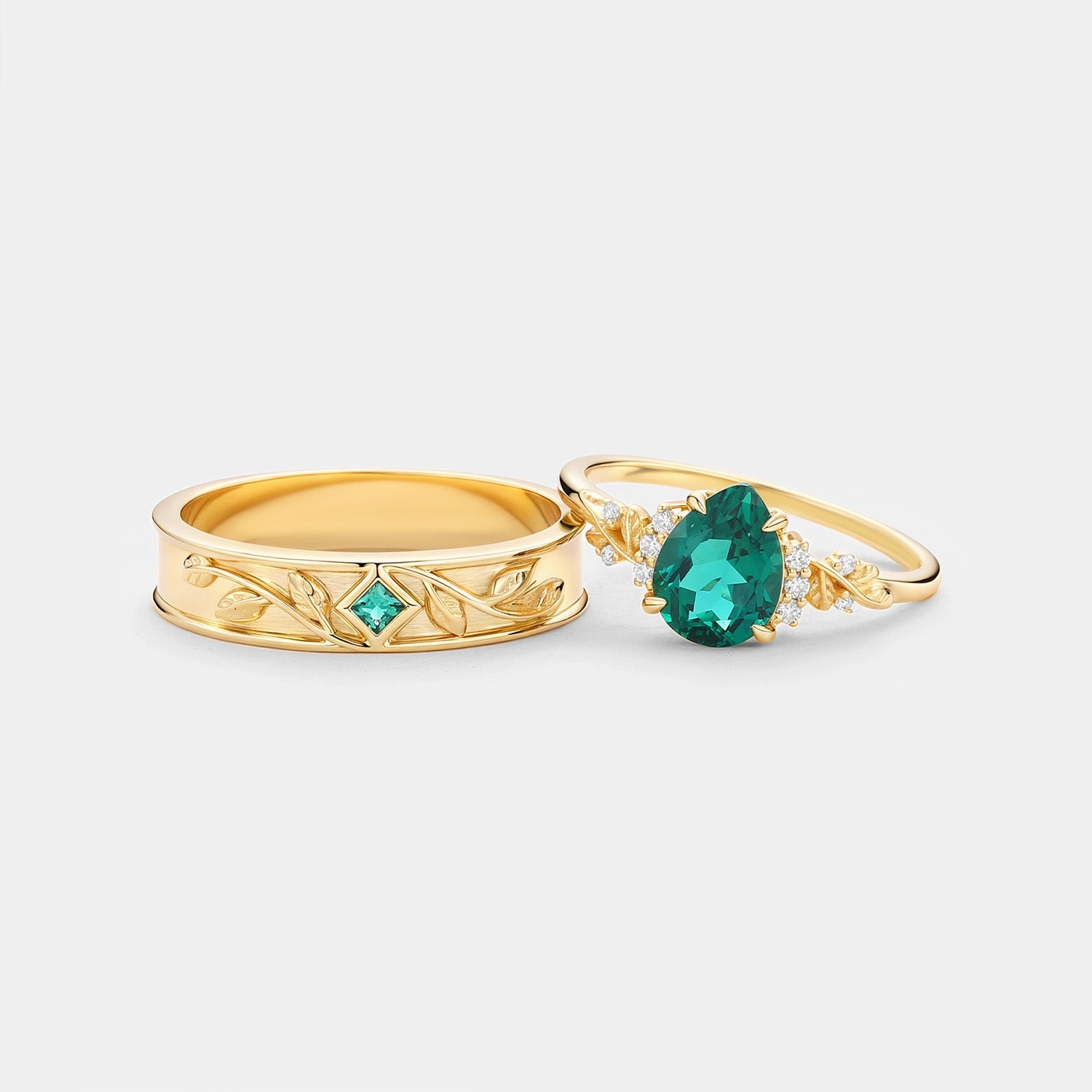 Handcrafted Jewelry Pear Shaped Lab Emerald Leaf Couple Ring Set 3pcs - Verdant