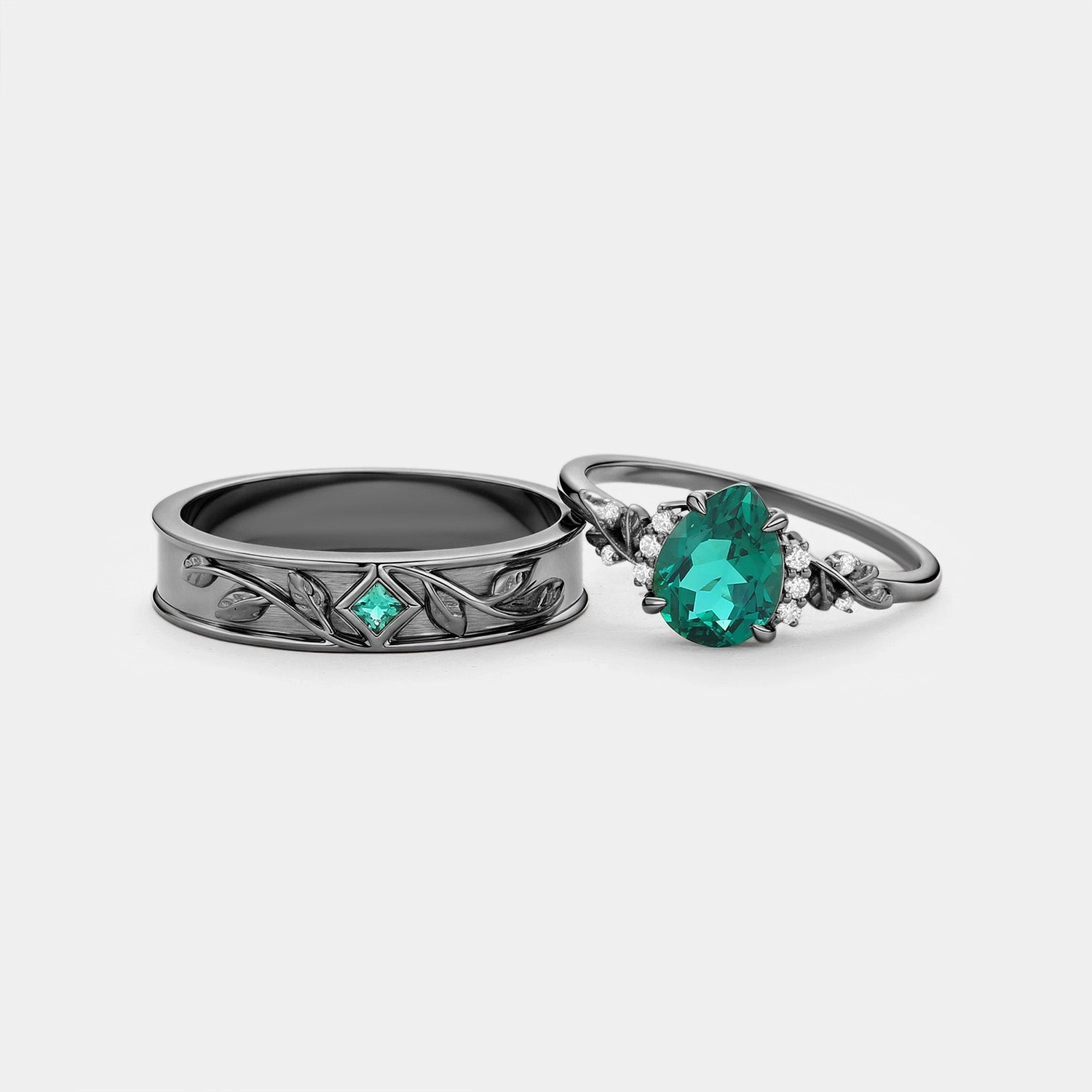Daily Wear Pear Shaped Lab Emerald Leaf Couple Ring Set 3pcs - Verdant