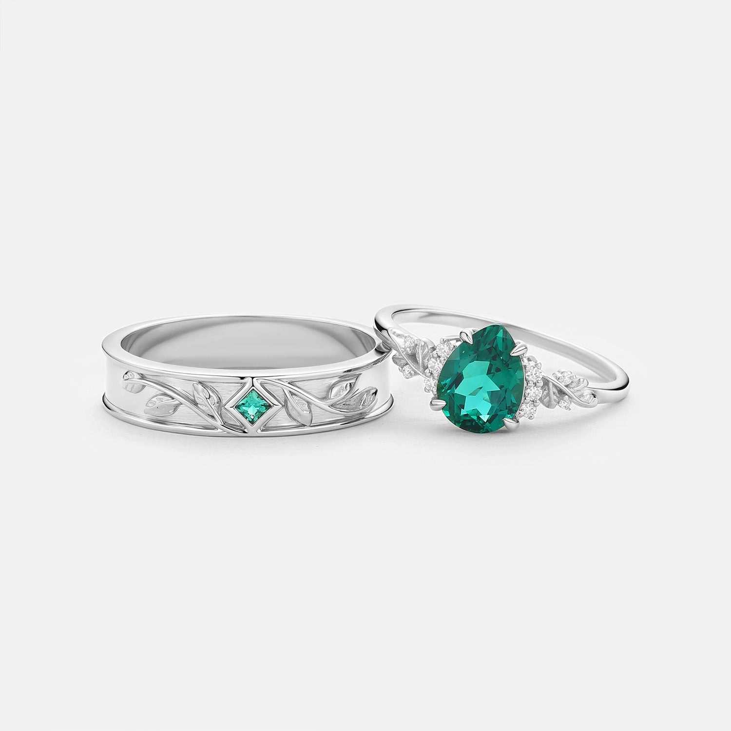 Pear Shaped Lab Emerald Leaf Couple Ring Set 3pcs - Verdant Laminated Layer Traditional Emblem