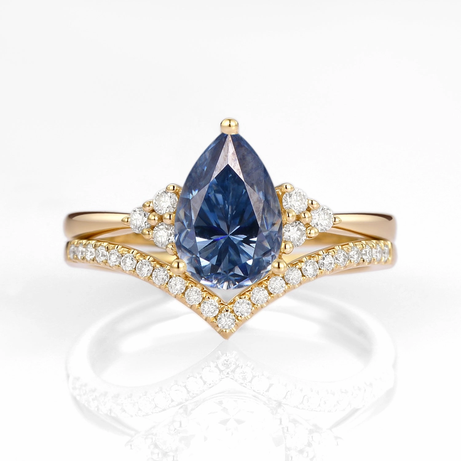 Modern Touch Artistic Work Pear Shaped Moissanite Chevron Rose Gold Ring Set 2pcs - Lily