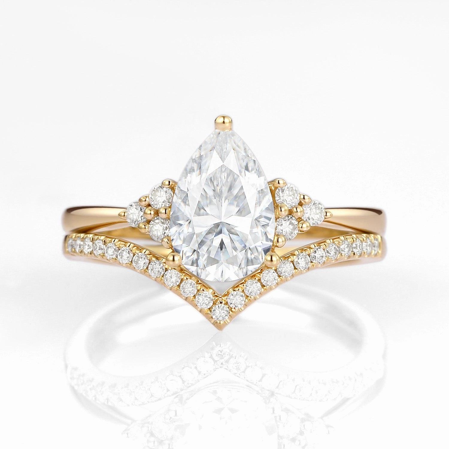 Vintage Pop Minimalist Design Pear Shaped Moissanite Chevron Rose Gold Ring Set 2pcs - Lily