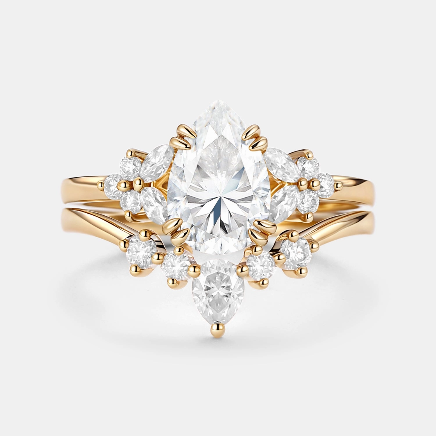 Pear Shaped Moissanite Cluster Chevron Gold Ring Set 2pcs - Cerys Chic Appearance