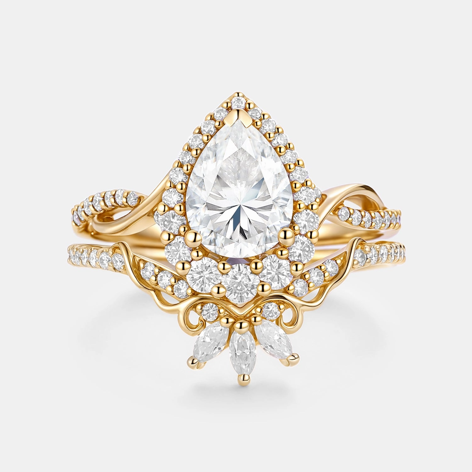 Pear Shaped  Moissanite Engagement Ring Set 2pcs - Vynne Daywear Style Outfit Highlight