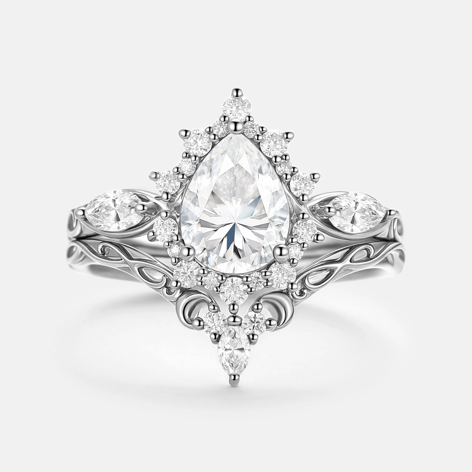 Pear Shaped Moissanite Halo Ring Set 2pcs - Zenn Classic Product