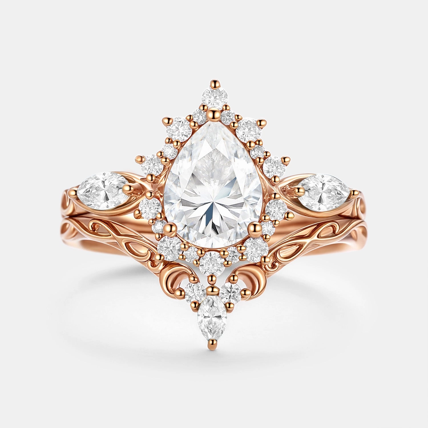 Pear Shaped Moissanite Halo Ring Set 2pcs - Zenn Formal Fit