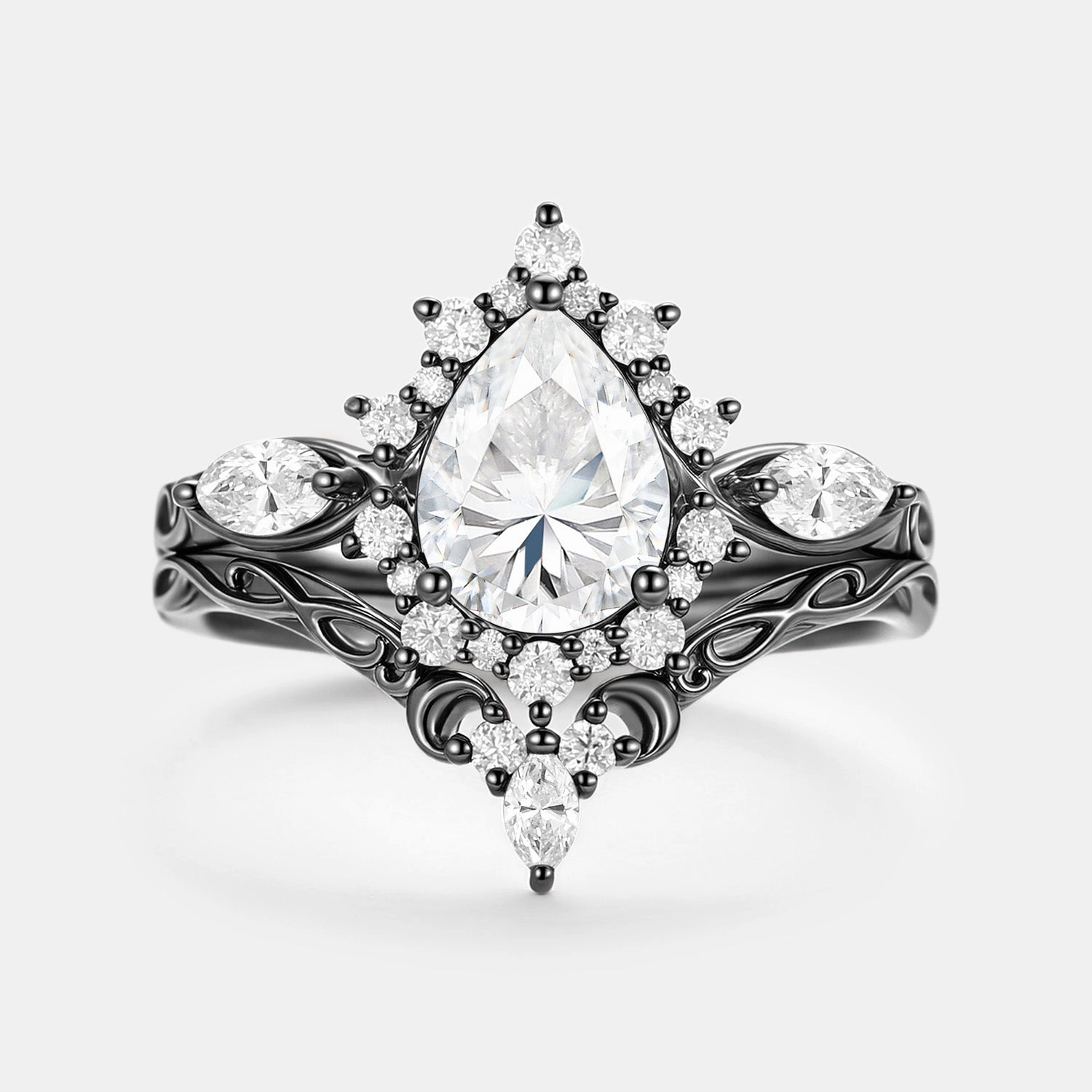 Timeless Form Unique Expression Pear Shaped Moissanite Halo Ring Set 2pcs - Zenn