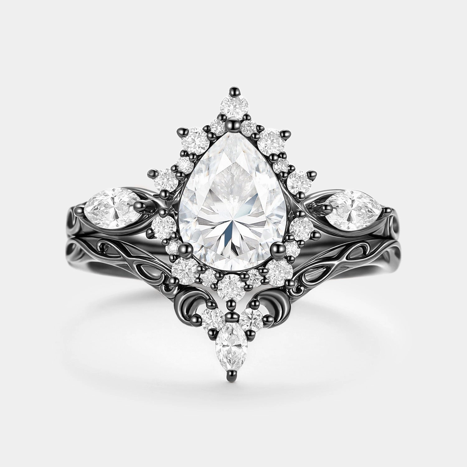 Stylish Gift Pear Shaped Moissanite Halo Ring Set 2pcs - Zenn