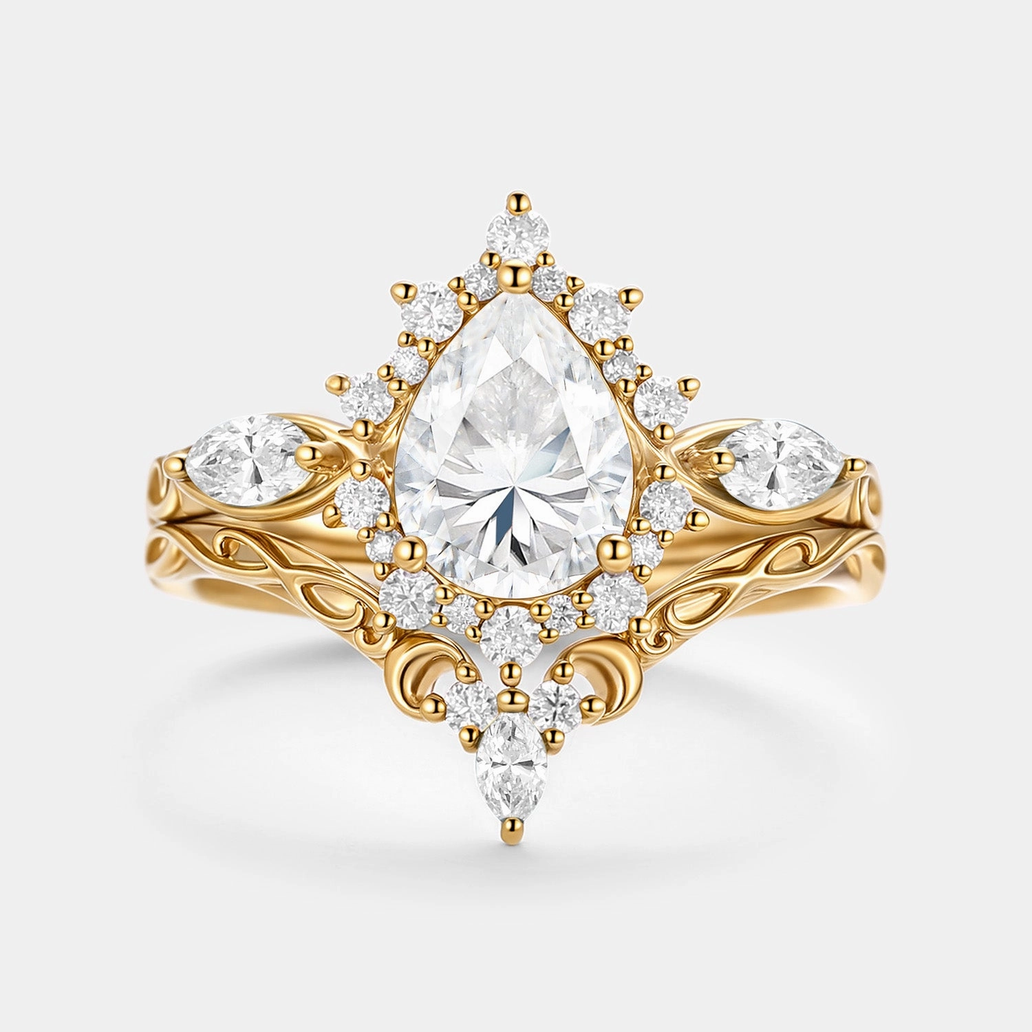 Delicate appearance Bold Detail Pear Shaped Moissanite Halo Ring Set 2pcs - Zenn