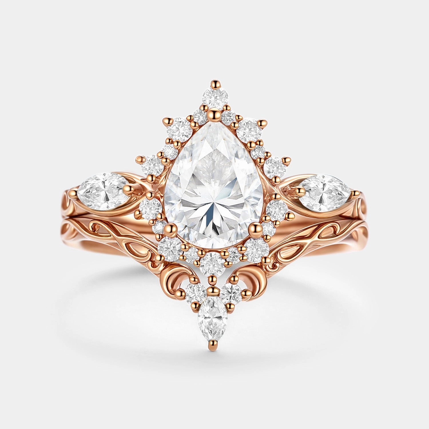 Unique Look Pear Shaped Moissanite Halo Ring Set 2pcs - Zenn