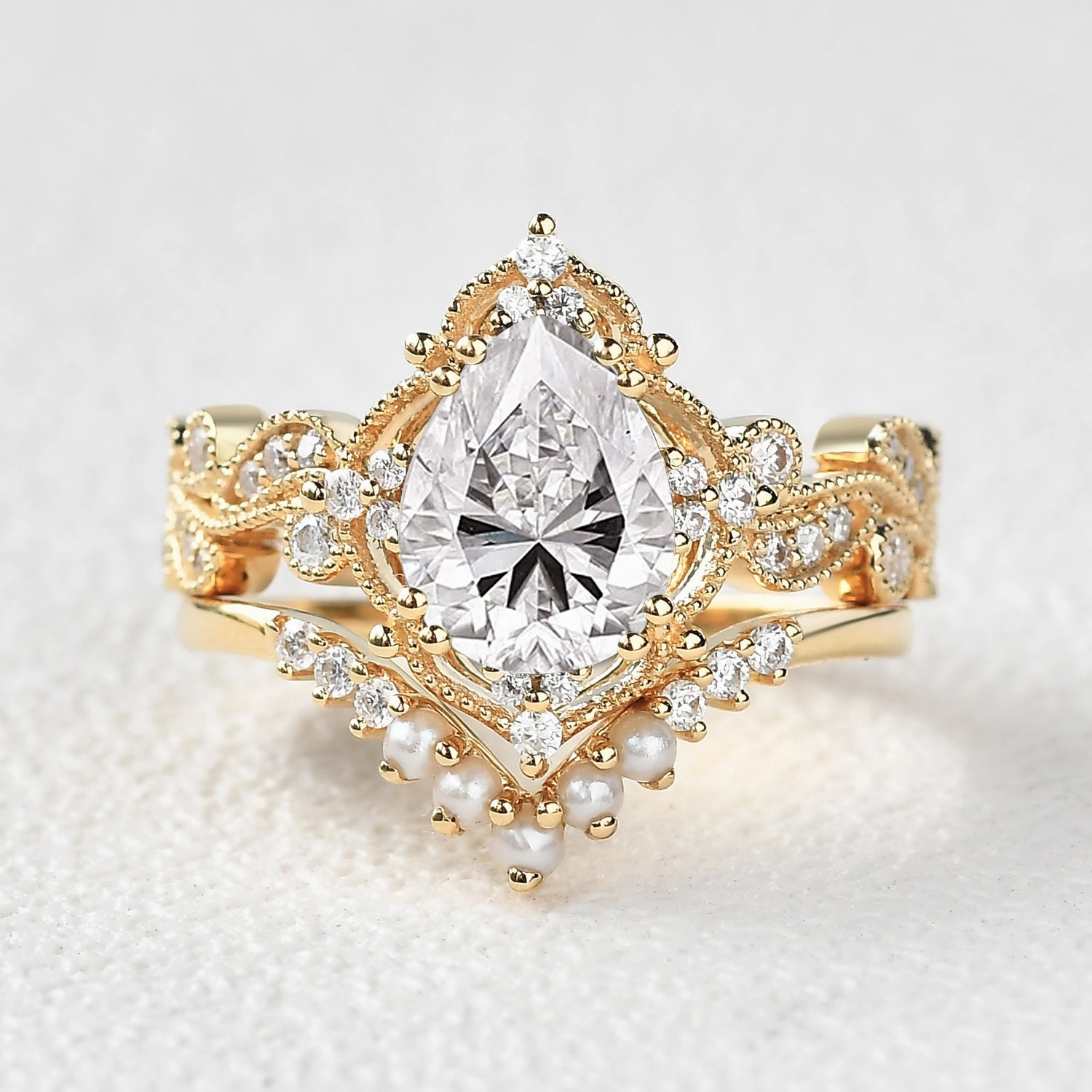 Formal Gathering Stylish piece Pear Shaped Moss Agate & Pearl Engagement Ring Set 2pcs - Harper