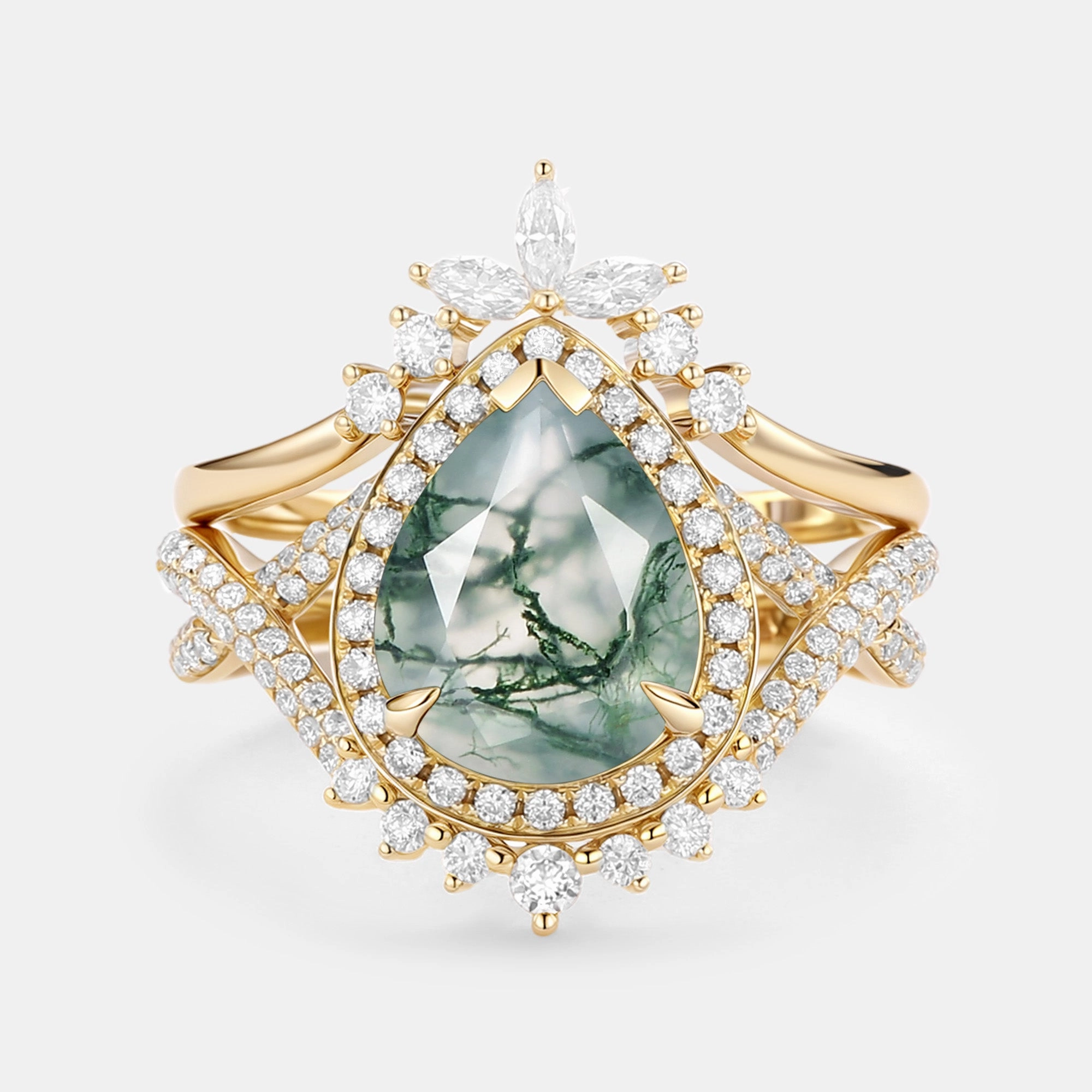 Pear Shaped Moss Agate Antique Halo Infinity Ring Sets 2pcs - Everlyn Timeless Motion Elegant Aesthetic