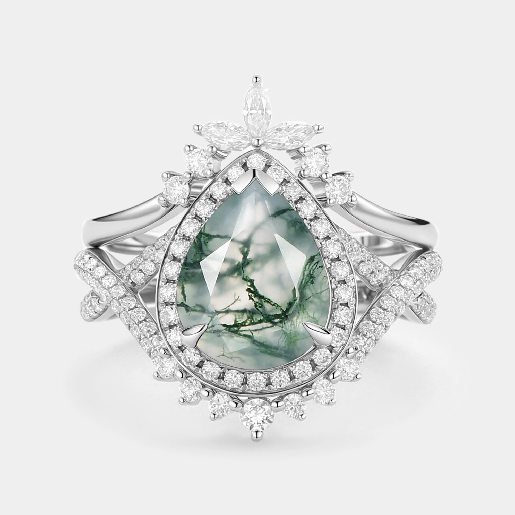Silky texture Pear Shaped Moss Agate Antique Halo Infinity Ring Sets 2pcs - Everlyn