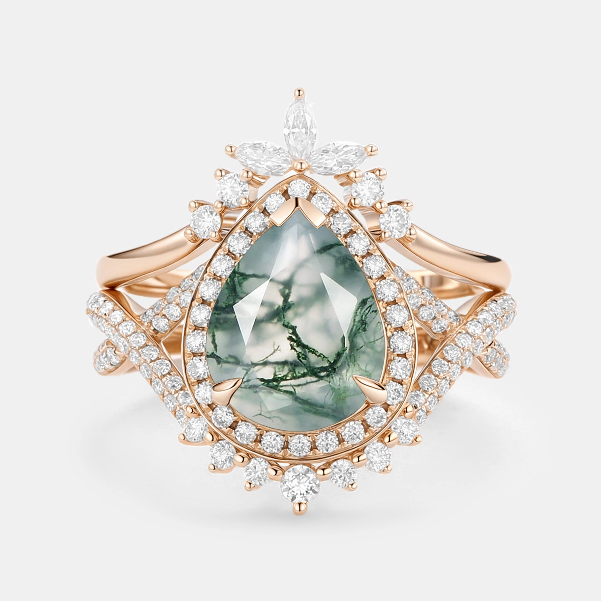 Designer Embellishment Pear Shaped Moss Agate Antique Halo Infinity Ring Sets 2pcs - Everlyn