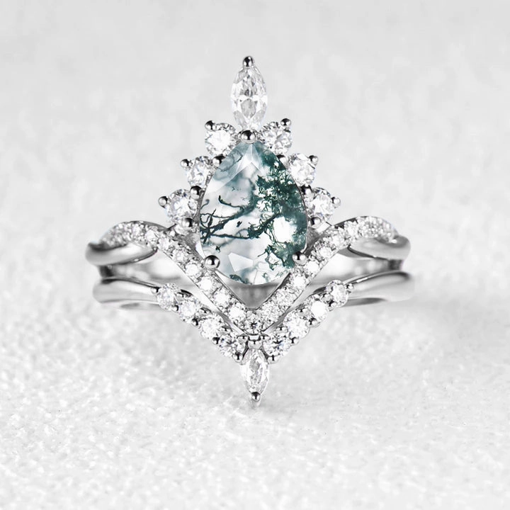 Pear Shaped Moss Agate Infinity Engagement Ring Set 2pcs Highlight Moment Subtle Form