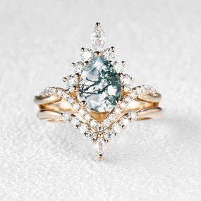 Timeless Feature Pear Shaped Moss Agate Infinity Engagement Ring Set 2pcs