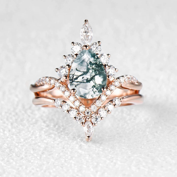Minimal Daywear Everyday Luxury Pear Shaped Moss Agate Infinity Engagement Ring Set 2pcs
