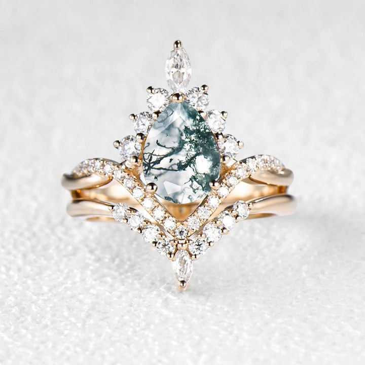 Trendy Statement Clean Accent Pear Shaped Moss Agate Infinity Engagement Ring Set 2pcs