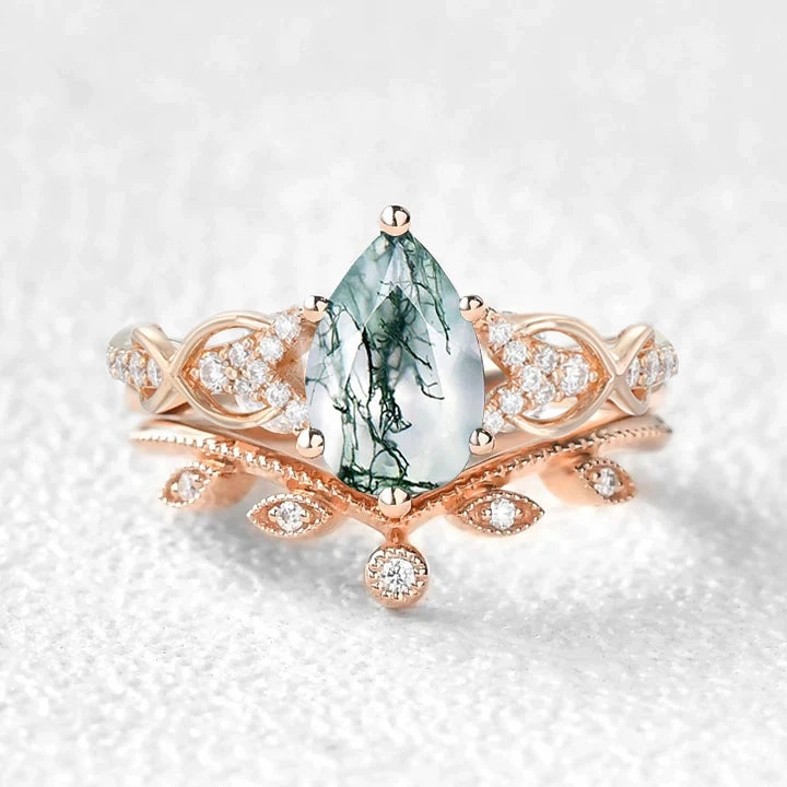 Everyday Wear Classic Form Pear Shaped Moss Agate Infinity Leafy Bridal Ring Set 2pcs