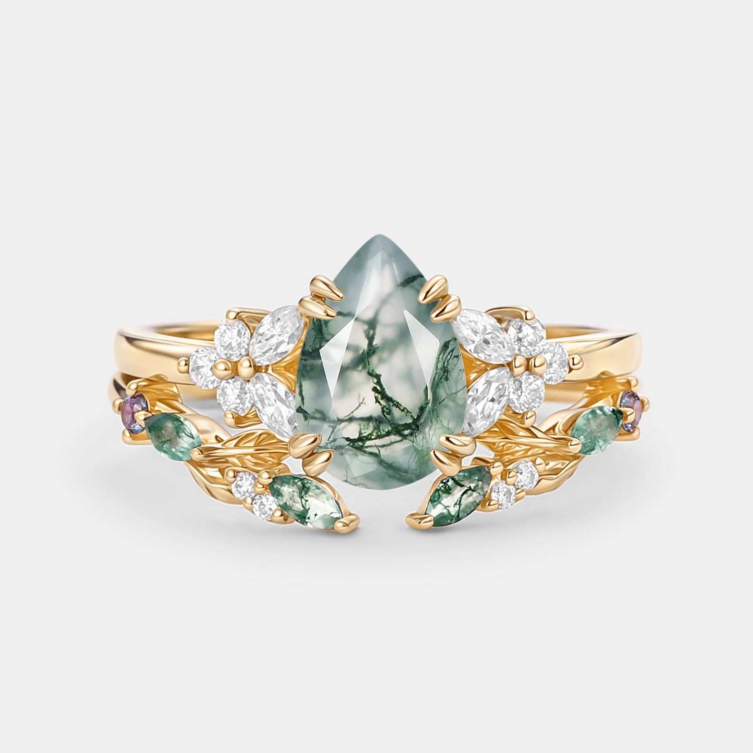 Pear Shaped Moss Agate Leafy Chevron Gold Ring Set 2pcs - Chloris Work Outfit Sleek Style