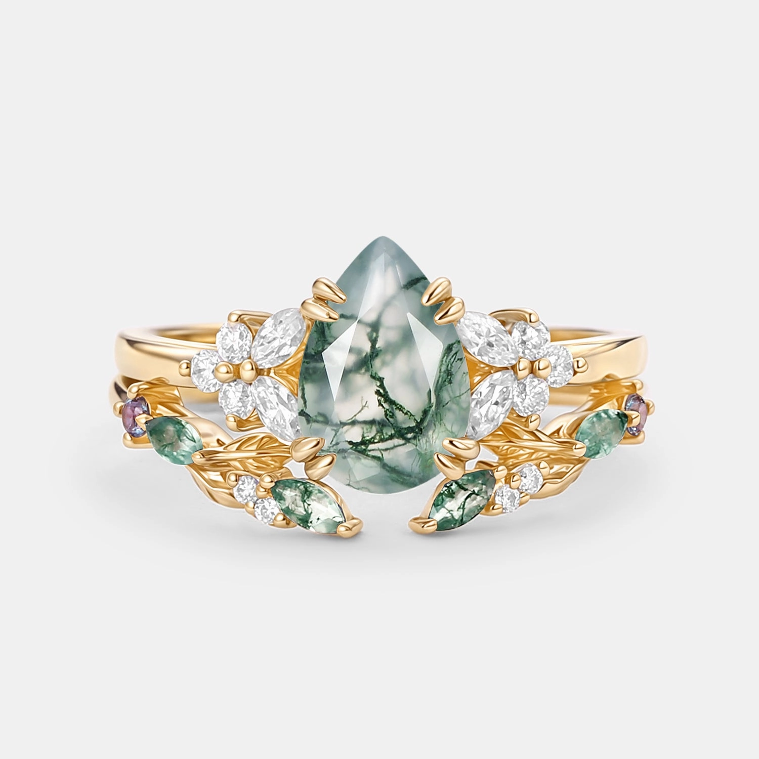 Premium Style Petite Jewelry Pear Shaped Moss Agate Leafy Chevron Gold Ring Set 2pcs - Chloris