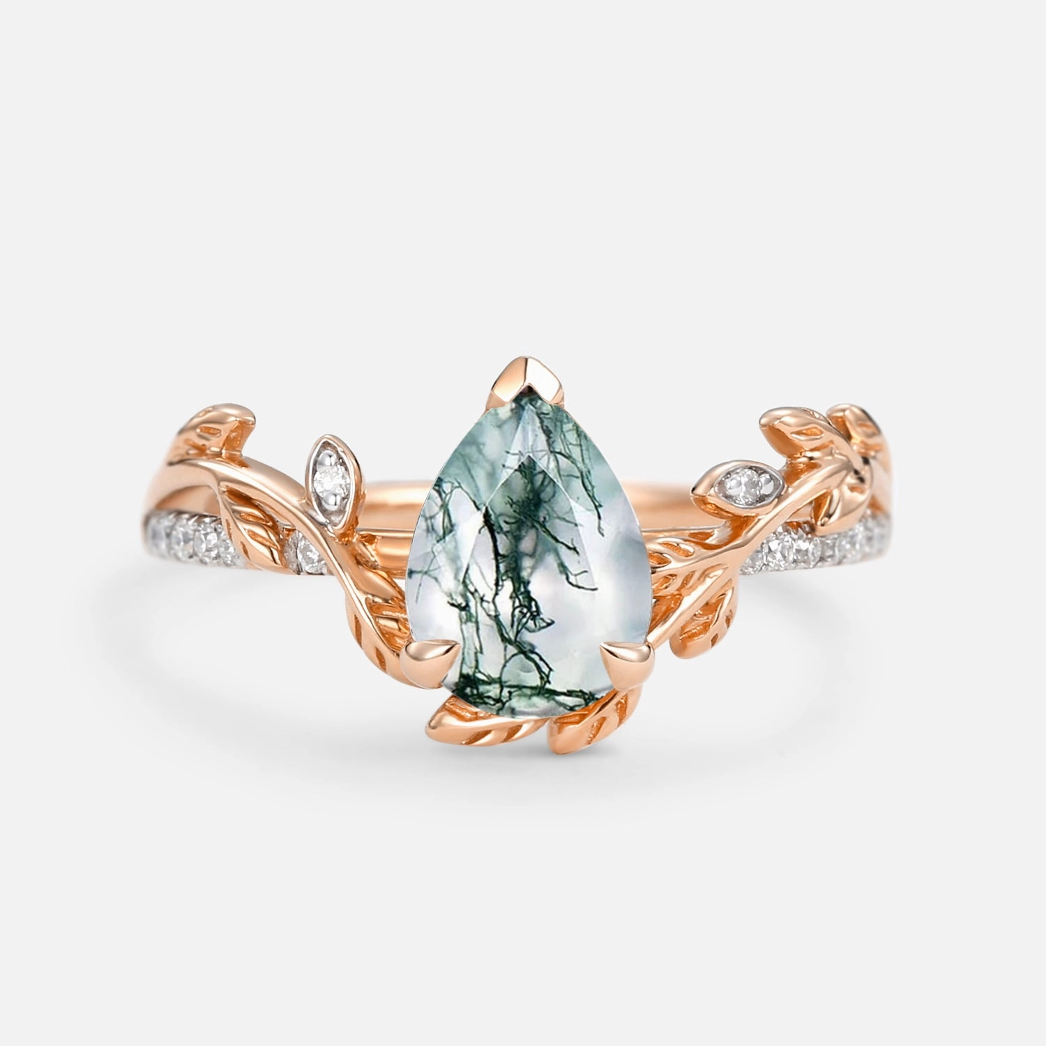 Pear Shaped Moss Agate Leafy Engagement Ring Polished Style