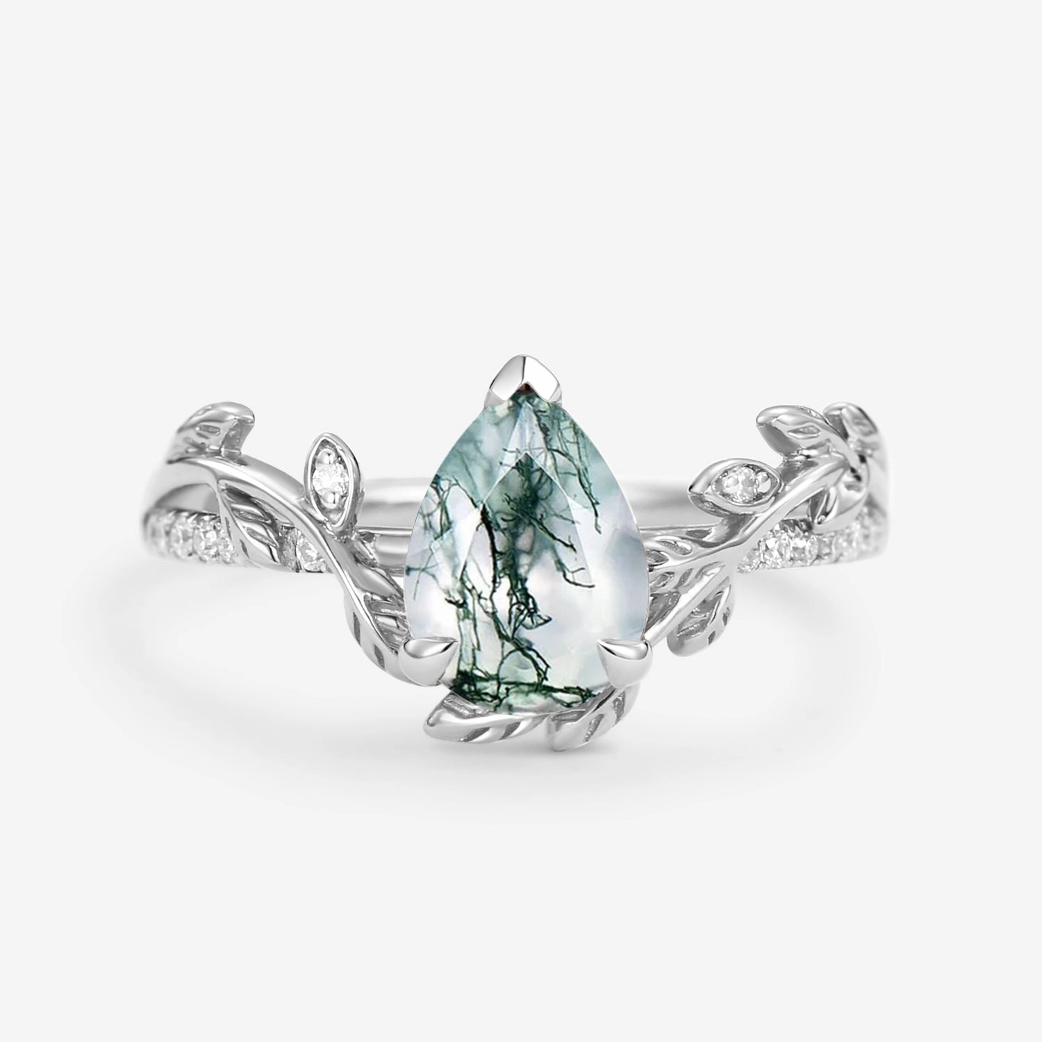 Pear Shaped Moss Agate Leafy Engagement Ring Gorgeous Finish Chic Sparkle