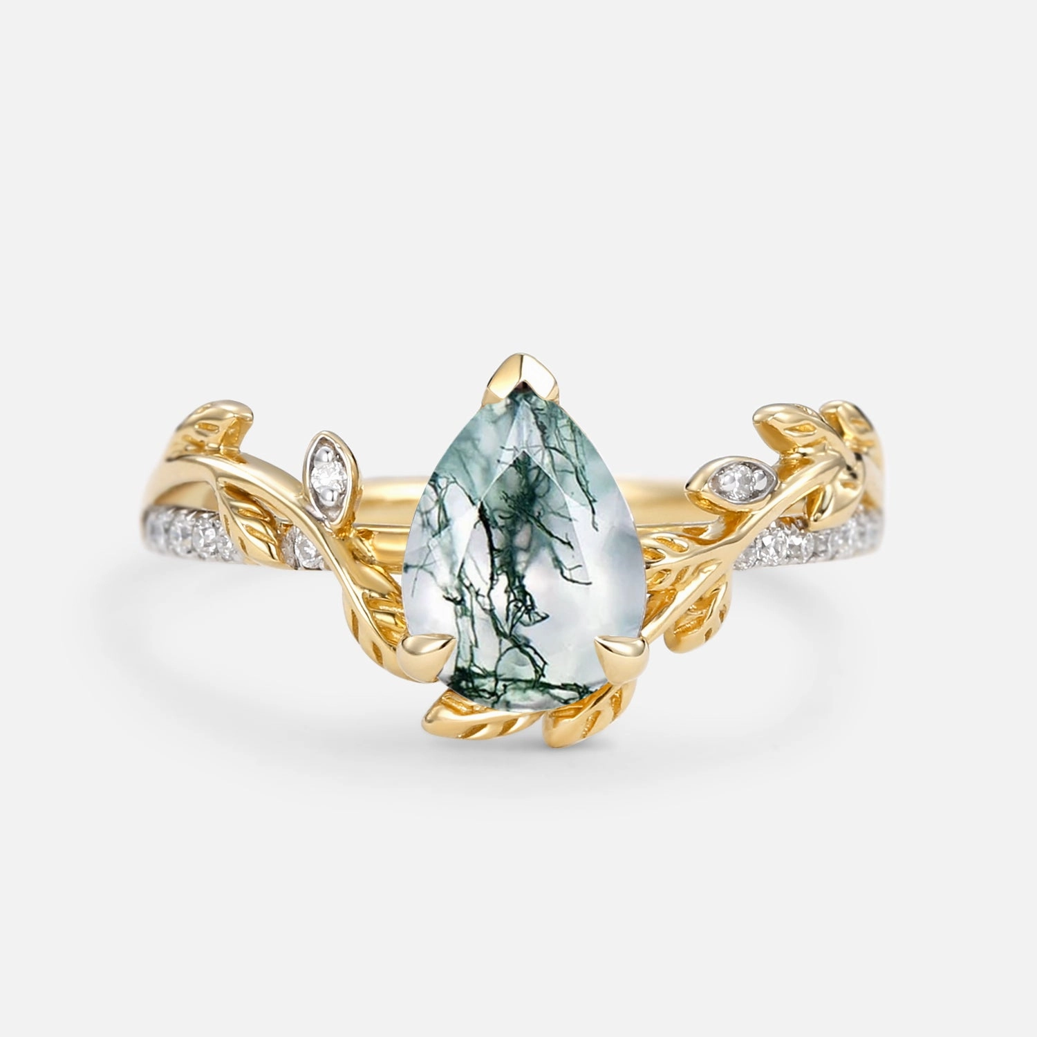 Refined Appearance Economical Article Pear Shaped Moss Agate Leafy Engagement Ring