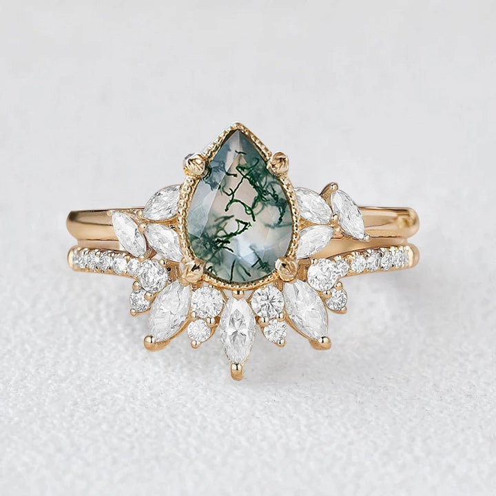 Pear Shaped Moss Agate Marquise Cluster Ring Set 2pcs feminine grace